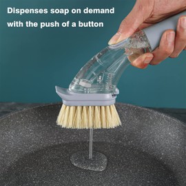 DAPOWER Dish Brush with Handle, Dish Scrubber with Soap Dispenser, Kitchen Scrub Brush for Dishes Pots Pans Sink Cleaning, 4 Replaceable Brush Heads (Grey)