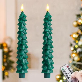 Zevanor Green Tree Flameless Real Wax Taper Candles with Remote Timer, Battery Operated Flickering 3D Wick LED Candlesticks 0.78" x 9.6" Pack of 2 for New Year Home Decoration
