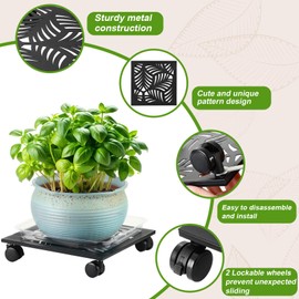 2 Packs 13.5" Metal Square Plant Caddy with Wheels Large Iron Rolling Plant Stand with Casters Heavy-Duty Plant Dolly Coaster Plant Pot Mover Roller Base for Indoor Outdoor, Black