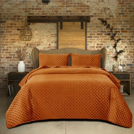 Luxury Velvet Quilt Set Queen Size, Plaid Stitching Queen Quilt Bedding Set, Soft Lightweight Reversible Bedspread and Coverlet with 2 Pillow Shams for All Season, Tangerine, 90" x 96"