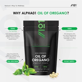 130mg Carvacrol – 153mg Oregano Oil – Cold-Pressed – 180 Count – World Highest Concentration (85%+ Carvacrol) – Contains 100% Greek Essential Oil of Oregano – by Alpha01