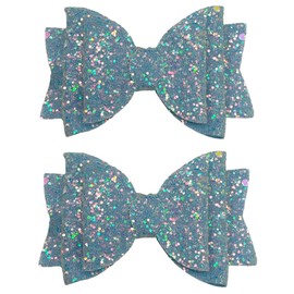 Light Blue Beautiful Glitter Hair Bows Clips Slides Grips for Woman Girls Handmade 3.5" inch - 2 Pack