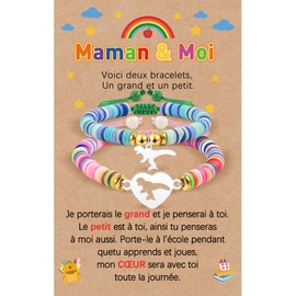 YELUWA 2 Pieces Back To School Gifts Mother Son Bracelet Mum and I Bracelet First Day of School Preschool Nursery Matching Wish Dinosaur Bracelets Set for Mother Son Boys FR, Stainless Steel, Bead