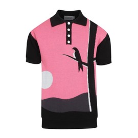 OXKNIT Men's Retro Black and Pink Knitted Poloshirt, Vintage Animal Patten Polo Cotton Short Sleeve with Quarter Button