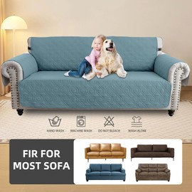 QQJIN 100% Waterproof Sofa Cover 3 Seater, Non-Slip Sofa Slipcover with 6 Side Pocket, Sofa Protector with Adjustable Elastic Strap for Kids, Dogs,Gray Blue,3 Seater