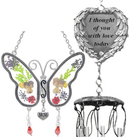 BANBERRY DESIGNS Mom Remembrance Wind Chimes and Sun Catcher Set - Butterfly Dried and Pressed Floral Wings - Memorial Gifts for The Loss of Mother