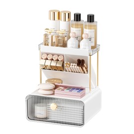 JFJQHS 3-Tier Makeup Organizer for Vanity，Cosmetic Display, Assembly Desktop & Bathroom Countertop Storage with Drawers, Dresser Organizer for Lipsticks, Brushes, Jewelry, Office Supplies (Clear)