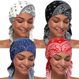 ASHILISIA 4 Pieces Women Chemo Hat Turban Beanie, Pre-Tied Headwraps Headwear Bandana for Hair Loss