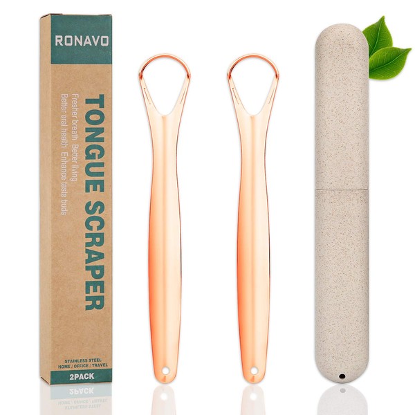 Stainless Steel Tongue Scraper (2 Pack), Cure Bad Breath (Medical Grade), Stainless Steel Tongue Cleaner Copper, 100% BPA Free Metal Tongue Scraper (Breathe Fresher in Seconds)