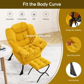 Congermom Lazy Chair with Folding Ottoman Modern Large Accent Chair,Contemporary Lounge Leisure Sofa Chair with Armrests Upholstered Sofa Armchair Reading Chair for Bedroom,Dorm & Office (Yellow-f)