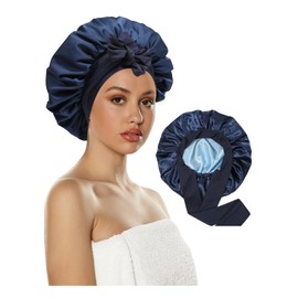 ZURLEFY Navy Blue Silk Bonnet for Sleeping Women, Double Layer Hair Bonnet Cap with Elastic Tie Band for Women(30-14)
