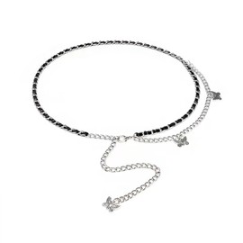 WASAIE Women's Butterfly Charm Waist Chain Belt, Vintage Silver and Black Woven Design Cowgirl Metal Belt Plus Size Long for Dress Jeans Adjustable Length