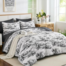 WONGS BEDDING Full Comforter Set 7 Pieces, Black and White Floral Botanical Comforter Bed in a Bag Full, Soft Breathable Reversible Farmhouse Bedding Set with Comforter, Sheets, Pillowcases and Shams