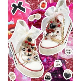 DoDoBeads 93 Pcs Shoe Charms for Sneakers, Junk Sock Charm Kit with Red & Black Charms and Satin/Lace Shoelaces, Sneaker Charm for Women, Cute Shoelace Accessories, DIY Sock/Shoe Decorations