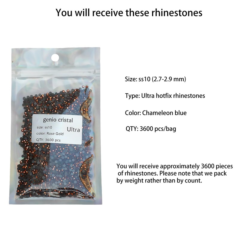 Genio Cristal Rose Gold SS10 Ultra Hotfix Rhinestones, 3600pcs Quality,