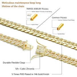 TRIPOD JEWELRY 8mm 14K Gold/White Gold Plated Diamond Iced Out Cuban Link Chain/Bracelet - Hip Hop Miami Cuban Link Chain Diamond Link Choker Necklace Cuban Bracelet for Men (14K Gold - 8mm, 20.00)