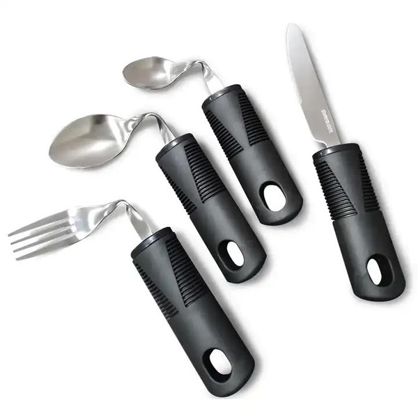 Adaptive Bendable Utensils (4 Piece Set) Stainless Steel and Dishwasher Safe. Non-Slip, Wide Grip, Non-Weighted Utensils For Hand Tremors, Arthritis, Parkinsons or General Physical Restrictions