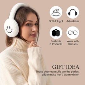 Ear Muffs for Winter Women, Adjustable Head Band Fuzzy Faux Fur Earmuffs Foldable Ear Warmer Girls Soft Ear Covers Smiley Face White