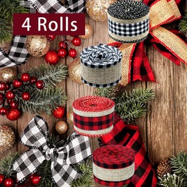 4 Rolls 12 Yards Buffalo Plaid Ribbon 1.5 Inch Wide Wired Edge Plaid Burlap Ribbon Check Gingham Fabric Craft Ribbon for Christmas Tree Gift Wrapping Crafts Decoration
