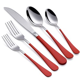 Onlycooker Red Silverware Set 20 Piece 18/0 Stainless Steel Flatware Red Handle Cutlery Set Service for 4 Fork Knife Spoon Set Mirror Finish Dishwasher Safe