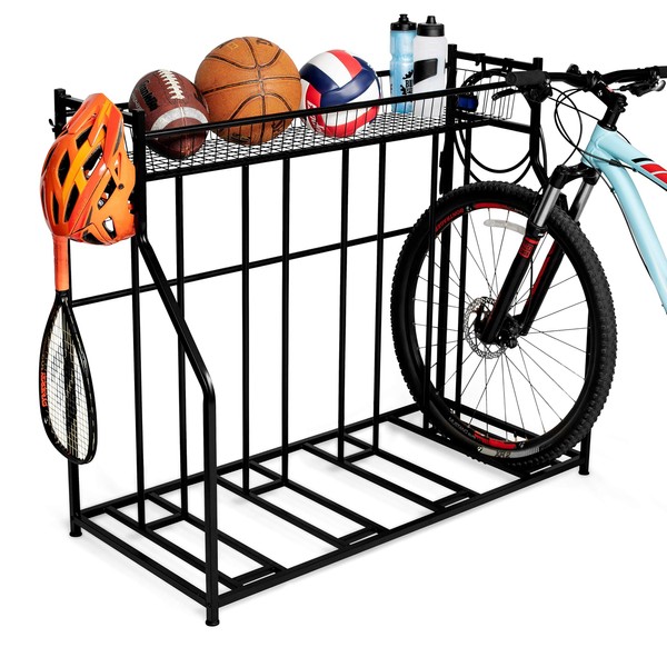 BirdRock Home 4 Bike Stand Rack with Storage – Great for Parking Road, Mountain, Hybrid or Kids Bikes – Garage Organizer - Helmet - Sports Storage Station - Black