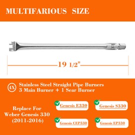 Tombili Replace for Weber Genesis 300 Burner Tubes Set (19.5") - 4-Piece Replacement Kit - Fits E/S/EP/CEP-330 Models (2011-2016) | Stainless Steel Construction | Includes 3 Main + 1 Sear Burner