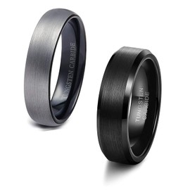 Finrezio Pack of 2 Black Tungsten Carbide Rings for Men 6 mm Thumb Ring Wedding Engagement Bevelled Band Ring, Tungsten, No Gemstone