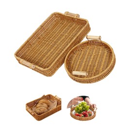 Handwoven Rattan Serving Tray Set Rectangular Round Basket with Handle For Coffee Table, Lightweight Bread Basket for Home Decor Wicker Storage Tray for Rustic, Fruit, Arts, Crafts, 2-Piece, Natural