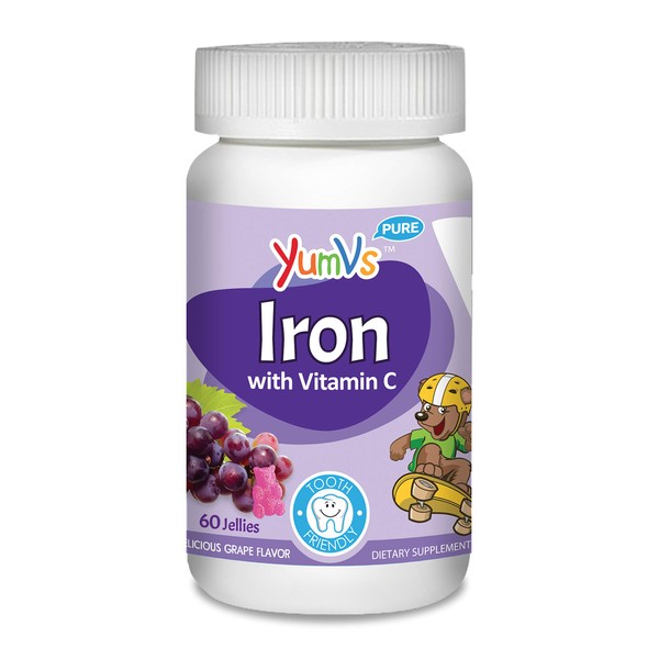 YumVs Iron Jellies/Gummy Bears for Kids w/Vitamin C, Grape Flavor Chewables; Daily Dietary Supplement for Children, Vegan, Kosher/Halal, Gluten Free (60 Ct)