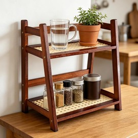 Rairsky Kitchen Organiser 2 Tiers Bamboo Imitation Rattan Weaving Decorative Kitchen | Wooden Cup Shelf, Matcha Shelf, Cup Rack for Kitchen, Tea, Coffee, Bar, Cup Display, Spice (Dark Brown 28.5 x 17.5 x 26.5 cm)