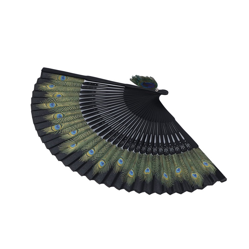 Folding Fan Black Bones Beautiful Peacock Pattern Antique Bamboo Hand