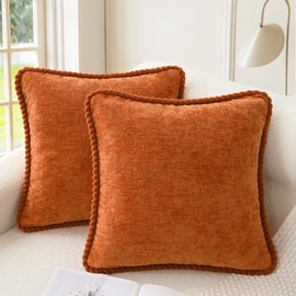 CaliTime Fall Decorative Couch Throw Pillow Covers 16 X 16 Inches Pack of 2 Cozy Chenille Piping Edge Cushion Cases for Sofa Bed Living Room Home Burnt Orange