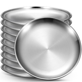 Honeydak 10 Pcs 18/8 Stainless Steel Plates 8 Inch Silver Double Layers 304 Metal Stainless Steel Dinner Dishes Unbreakable Adult Reusable Camping Plates Dishwasher Safe Feeding Serving Round Dessert