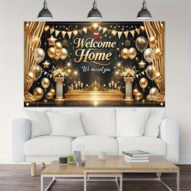 Tomhong Welcome Home Banner 71x43 Inch Gold Balloons Stage Party Decoration forWelcome Celebration Family Reunion Homecoming Party Indoor Qutdoor Event Decor