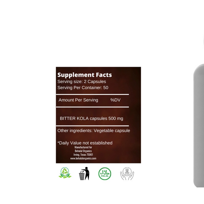 Behalal Organics Bitter kola 500mg Vegan Capsules 100 Count