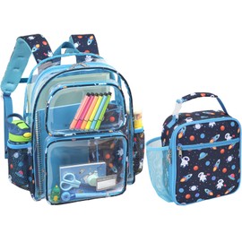 Bagseri 2pcs Clear Backpack for Girls - 15 Inch Backpack and Lunch Bag Set, Heavy Duty Transparent Bookbag for School, See Through Bag for Kids Aged 3 to 8, Navy Space