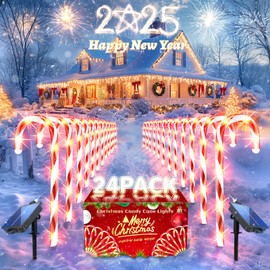 Solar Christmas Decorations Lights Outdoor: 24 Pack Candy Cane Light Waterproof for Yard Decorative Outside - LED Pathway Stake Lighted Patio Garden Tree House Xmas Decor
