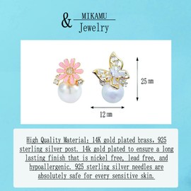 MIKAMU Elegant Pearl Flower StudEarrings for Women 14K Gold CZ cubic zirconia Gold Plated Pearl Earring for Women Jewelry (Gold - E)