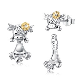 MONGAS Highland Cow Earrings Sterling Silver Cow Earring Jackets Highland Cow Jewelry for Women