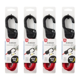 Nite Ize SlideLock Carabiner Bungee - Simple Carabiner Clip with Sliding Lock Feature - Adjustable Bungee Strap with Carabiner - Carabiner Bungee for Securing & Bundling Gear - 24", Red (4 Pack)
