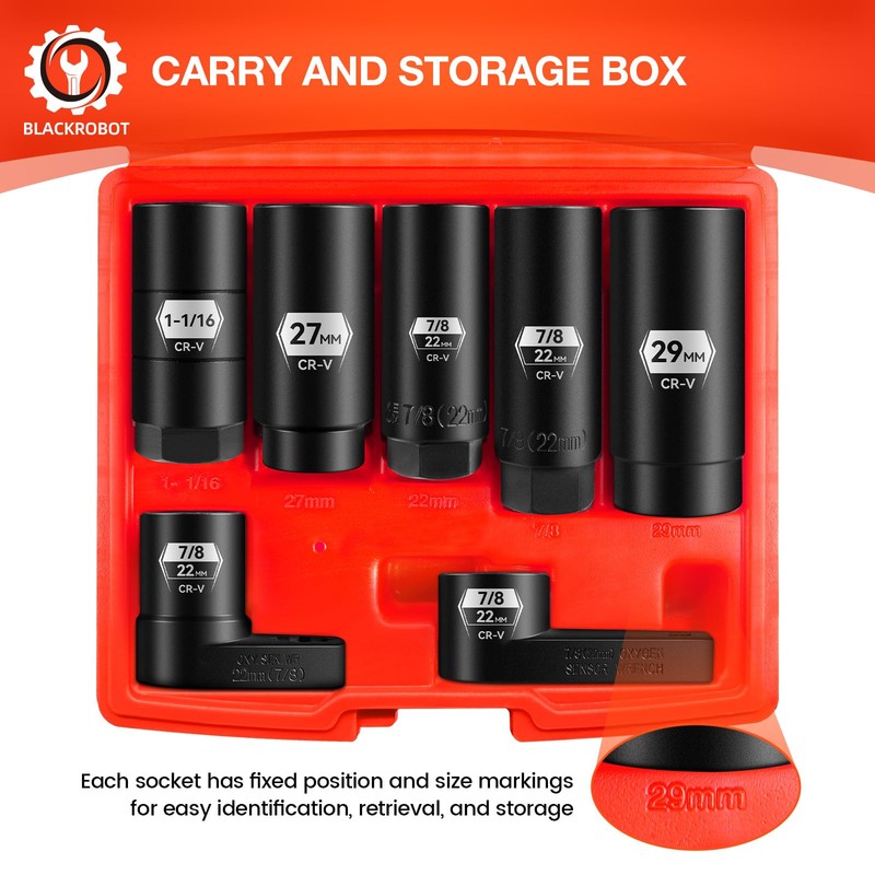 BLACKROBOT 7-Piece Oxygen Sensor Socket, 3/8" & 1/2" Drive 7/8"
