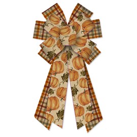 Large Fall Wreath Bows Thanksgiving Bows Vintage Pumpkin Plaid Burlap Bows for Wreaths, Fall Ribbon Bows Tree Topper Bows for Thanksgiving Home Indoor Outdoor Decoration Wreath Ornament Supplies