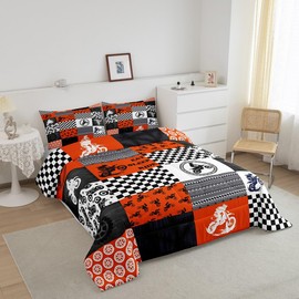 Feelyou Dirt Bike Comforter Queen Size Orange Grey Motorbike Comforter Set for Boys Girls Children Racing Motocross Rider Bedding Set Room Decor Extreme Sports Duvet Set 3Pcs