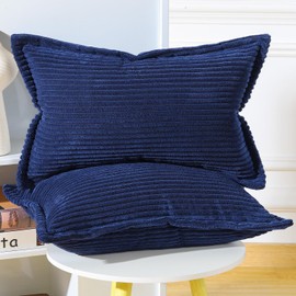 Madizz Dark Blue Corduroy Cushion Covers with Fringe Edge 12x20 inch, 30x50 cm, Set of 2 Soft Boho Striped Pillow Covers Broadside Decorative Textured Throw Pillows for Sofa Bedroom Pillow Shell