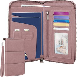 Porta Pasaporte Familiar, Porta Pasaporte de Cuero PU con Bloqueo RFID, Funda de Pasaporte Gran Capacidad Impermeable Pasaporte de Viajes con Soporte para Bolígrafo, Tarjetas de Crédito (Rosa)