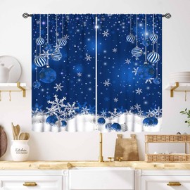 Cortinas de Navidad, copos de nieve azules y blancos, árbol de Navidad, invierno, nieve, paisaje, bola colorida, Año Nuevo, invierno, día festivo, decoración de fiesta, cortinas para recámara, sala de