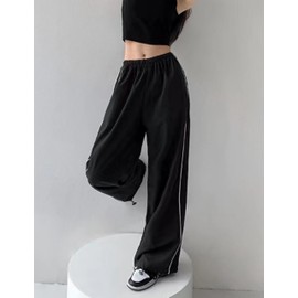 Sdipipo Womens Parachute Pants Y2k Baggy Wide Leg Track Pants Elastic Waist Jogger Sweatpants Hiking Pants Trousers ﻿(0001-Black-M)