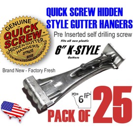 Quick Screw 6" inch Aluminum Hidden Rain Gutter Bracket Hook Clip Style Hangers with pre Inserted 3" Long ¼" hex Head self Drilling Screw (25 Per Package)