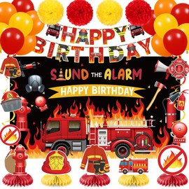 Fire Truck Birthday Decorations Fire Truck Birthday Banner Firefighter Themed Party Hanging Swirls Honeycomb Centerpieces Balloons, Paper Pom Poms for Boys Girls Firetruck Party Supplies