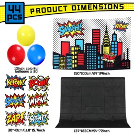 Super Theme Hero Party Photography Backdrop with Hero Card Balloons Super Theme Hero Cityscape Photo Booth Background for Kids Party Birthday Wall Trunk and Treat Decorations for Cars and SUVs